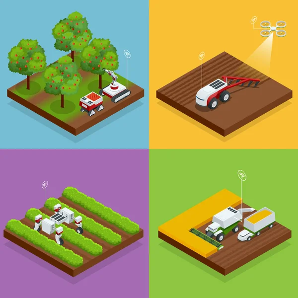 Agriculture isométrique robots guidés automatiques récoltent les fruits des arbres et des baies de récolte, moissonneuse batteuse combinée dans le champ . — Image vectorielle
