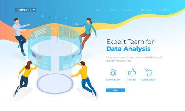 Veri çözümlemeleri için uzman ekip. İzometrik iş veri analizi süreç yönetimi veya sanal ekran üstünde zeka dashboard. Web sitesi, açılış sayfası için şablon.