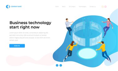 İş teknoloji başlangıç Şu anda. İzometrik iş veri analizi süreç yönetimi veya sanal ekran üstünde zeka dashboard. Web sitesi, açılış sayfası için şablon.