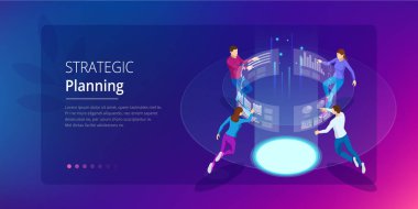 Stratejik iş planlama. İzometrik iş veri analizi süreç yönetimi veya sanal ekran üstünde zeka dashboard. Web sitesi, açılış sayfası için şablon.