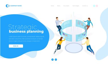 Stratejik iş planlama. İzometrik iş veri analizi süreç yönetimi veya sanal ekran üstünde zeka dashboard. Web sitesi, açılış sayfası için şablon.
