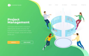 Proje yönetimi. İzometrik iş veri analizi süreç yönetimi veya sanal ekran üstünde zeka dashboard. Web sitesi, açılış sayfası için şablon.