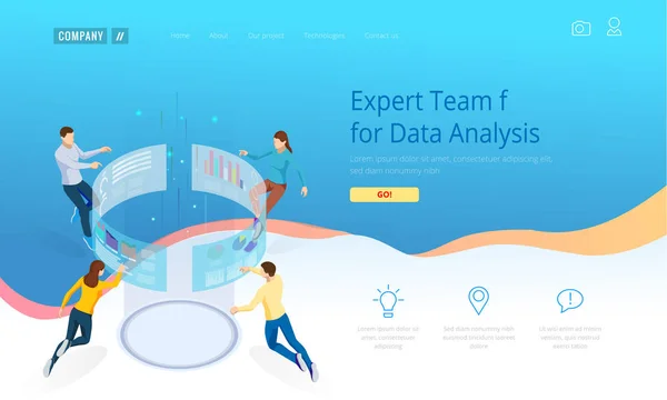 Equipe Especialista em Análise de Dados. Gerenciamento de processo Isométrico Business Data Analytics ou painel de inteligência na tela virtual. Modelo para site, landing page . —  Vetores de Stock