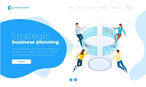 Стратегическое бизнес-планирование. Изометрическое управление процессами бизнес-аналитики или информационная панель на виртуальном экране. Шаблон для сайта, целевая страница . — стоковый вектор