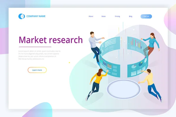 Market research. Isometric Business Data Analytics process management or intelligence dashboard on the virtual screen. Template for website, landing page. — Stock Vector