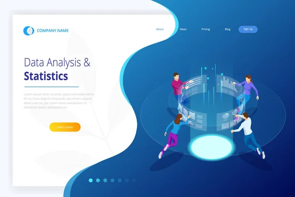 Data Analysis and Statistics. Isometric Business Data Analytics process management or intelligence dashboard on the virtual screen. Template for website, landing page. — Stock Vector