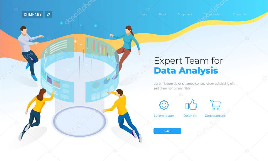 Expert Team for Data Analysis. Isometric Business Data Analytics process management or intelligence dashboard on the virtual screen. Template for website, landing page.