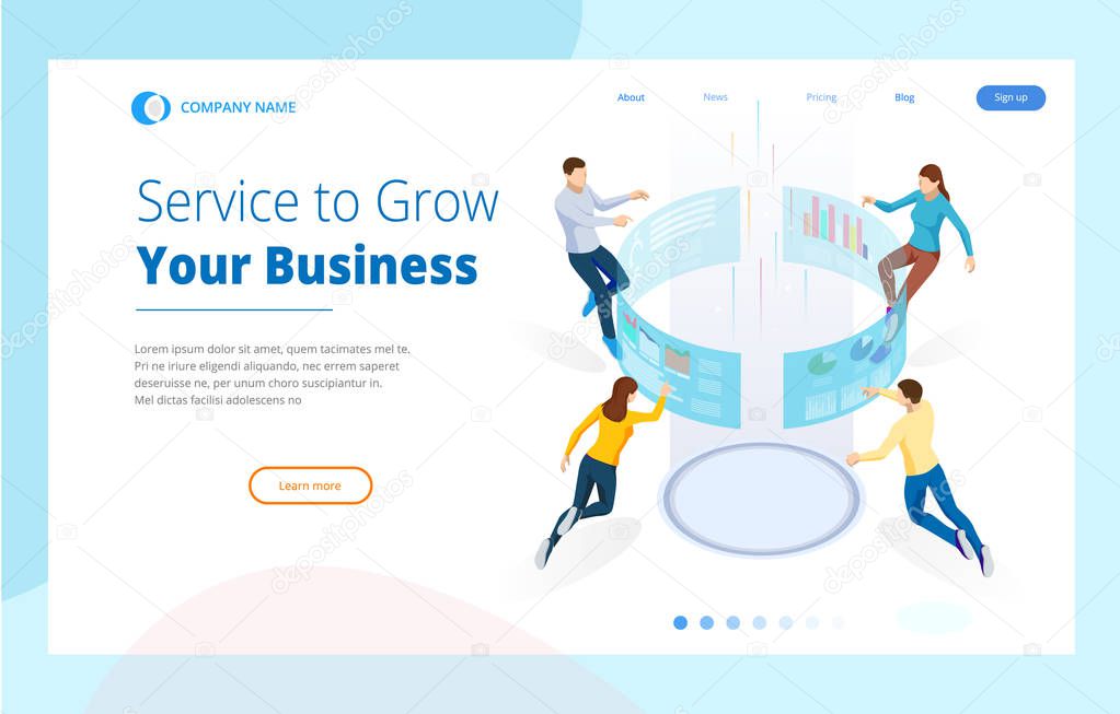Service to Grow Your Business. Isometric Business Data Analytics process management or intelligence dashboard on the virtual screen. Template for website, landing page.