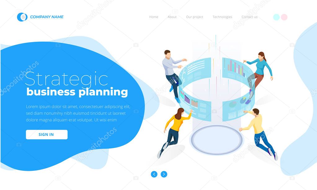 Strategic business planning. Isometric Business Data Analytics process management or intelligence dashboard on the virtual screen. Template for website, landing page.