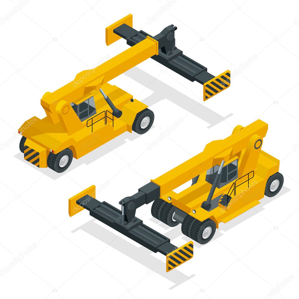 Isometric Mobile Container Handler in action at a container terminal. Crane lifts container handler Isolated vector illustration