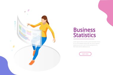 Finansal işletme, iş grafikleri ve veri analizi için ekran önünde finans görselleştirme. İzometrik vektör çizim için açılış sayfası şablonu