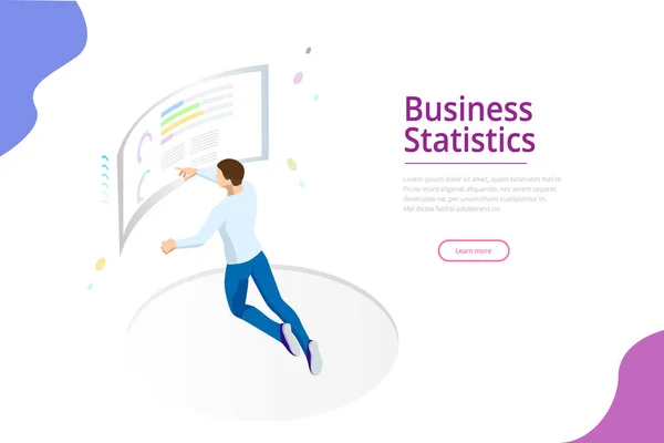 Financial business administration, business charts, and finance visualization in front of the screen for data analysis. Isometric vector illustration for the landing page template — Stock Vector