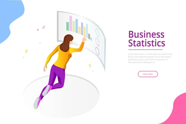 Financial business administration, business charts, and finance visualization in front of the screen for data analysis. Isometric vector illustration for the landing page template — Stock Vector