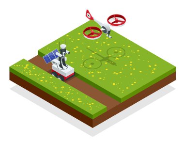 Bir dron kontrol bitki büyüme, hidrasyon posta ve zararlıları kullanımı. Tarım Otomasyon akıllı konsept tarım. İzometrik vektör çizim