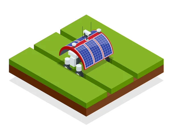 Automatisation isométrique agriculture intelligente sur le terrain. Robots d'intelligence artificielle en agriculture. Alimentation biologique, concept d'agriculture . — Image vectorielle