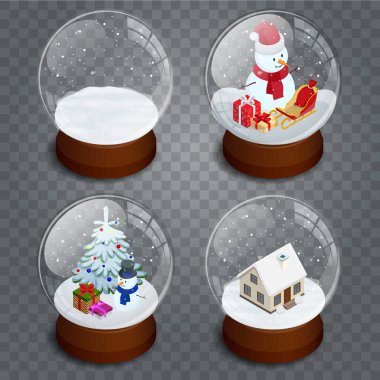 İzometrik Noel şeffaf snowglobe şeffaf vektör arka plan üzerinde izole. . Cam top, kar tanesi kristal kubbe kışın.