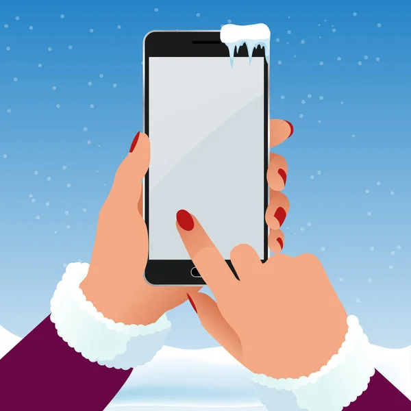 A mão feminina está segurando um telefone lá fora na geada no inverno. Tela em branco ilustração do vetor do telefone inteligente — Vetor de Stock