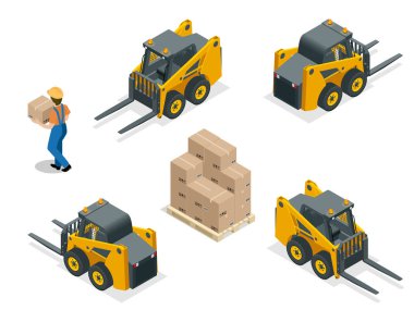 İzometrik vektör forklift kamyon üzerinde beyaz izole. Depolama ekipmanları Icon set. Stapler çeşitli kombinasyonları, depolama rafları, paletler için Infographics ürünler ile.