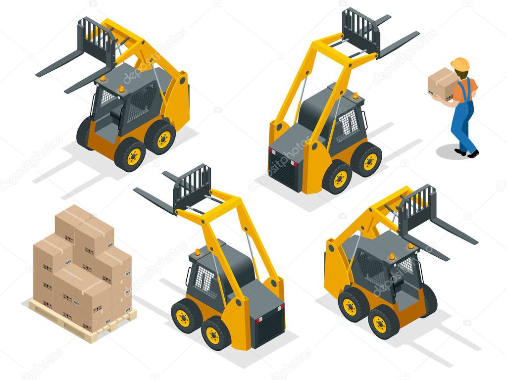 Isometric vector forklift truck isolated on white. Storage equipment icon set. Forklifts in various combinations, storage racks, pallets with goods for infographics.