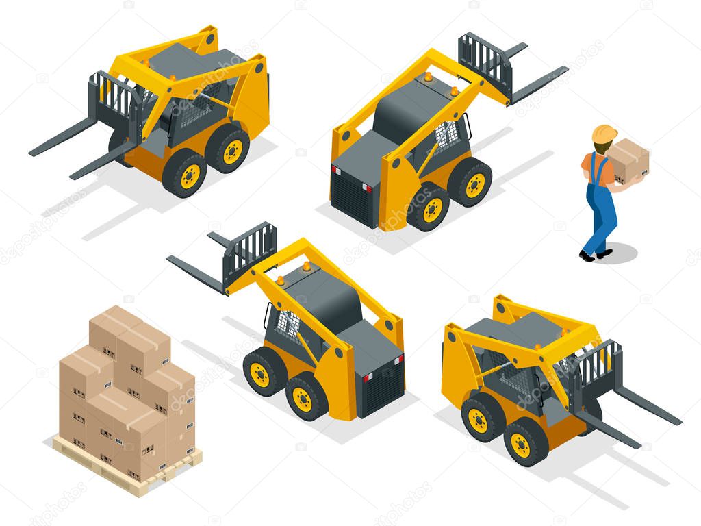 Isometric vector forklift truck isolated on white. Storage equipment icon set. Forklifts in various combinations, storage racks, pallets with goods for infographics