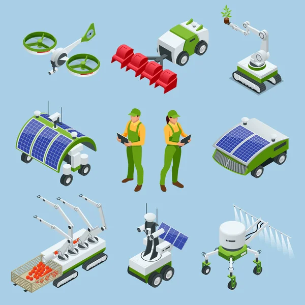 Conjunto isométrico de robô inteligente iot indústria 4.0, robôs na agricultura, robô agrícola, estufa robô. Agricultura inteligente agricultura tecnologia vetor ilustração —  Vetores de Stock