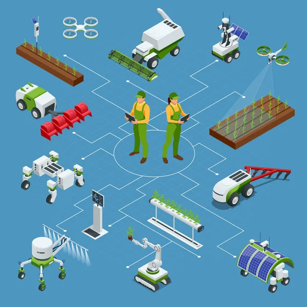 Izometrikus sor iot intelligens ipari robot 4.0, robotok, mezőgazdaság, mezőgazdasági robot, robot üvegházhatást okozó. Intelligens mezőgazdaság mezőgazdasági technológia vektoros illusztráció — Stock Vector