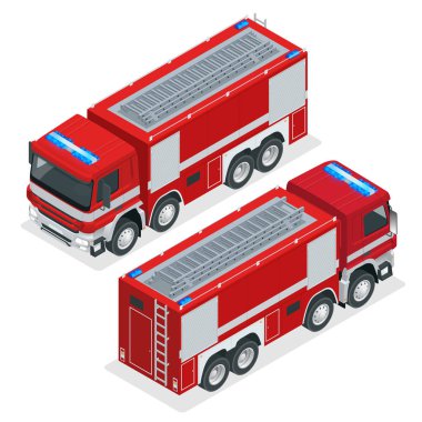 Isometric Red fire truck, vehicle of Emergency. Firefighters design element. Vector Illustration on a white background. clipart