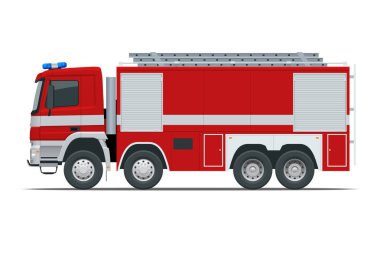 Kırmızı itfaiye aracı, acil servis aracı. İtfaiyeciler tasarım elementi. Beyaz bir arkaplanda kenar görünüm vektörü illüstrasyonu.