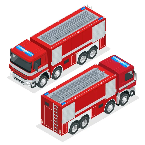 Isométrico camión de bomberos rojo, vehículo de emergencia. Elemento de diseño de bomberos. Ilustración vectorial sobre fondo blanco . — Archivo Imágenes Vectoriales