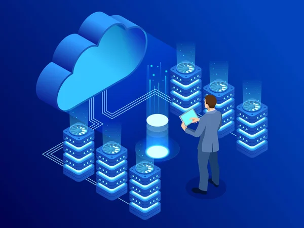 Izometrické Moderní Cloud Technologií Sítí Koncept Webové Cloudové Technologie Firmy — Stockový vektor