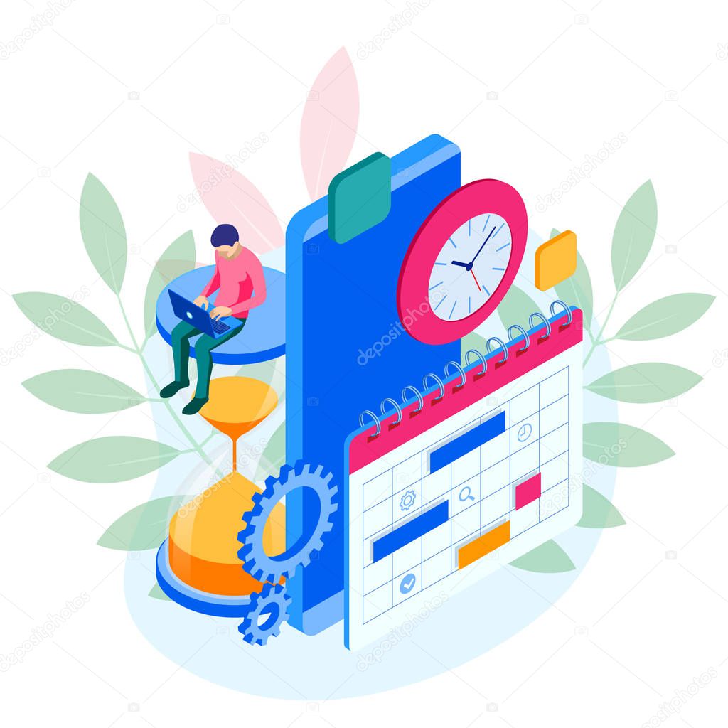 Isometric online weekly schedule and calendar planner organization management on smartphone . Online business workflow, time management, planning, task app, teamwork, and meeting.