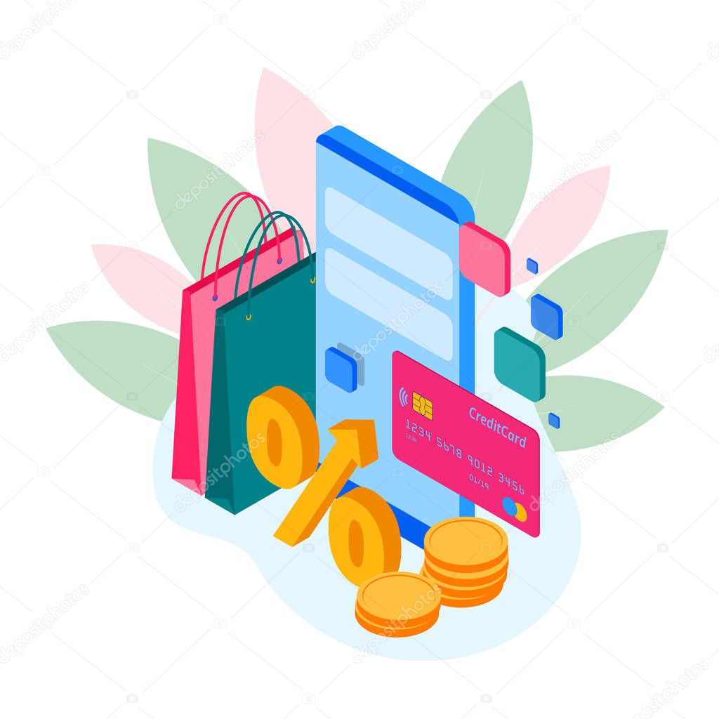 Isometric shopping store on a smartphone. Online shopping concept. Online store, shopping cart icon. Ecommerce