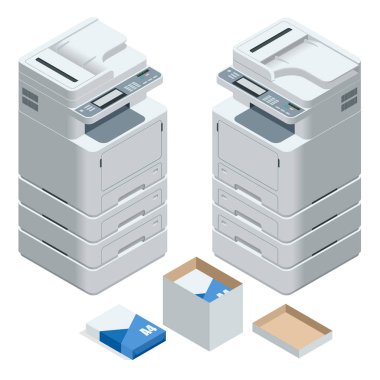 Isometric multifunction office printer. Office professional multi-function printer scanner isolated flat vector illustration clipart