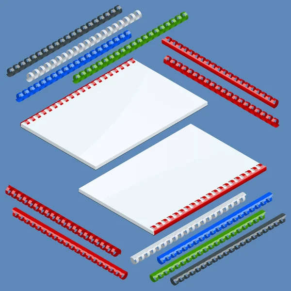 Isométrico Componentes de ligação de documentos e molas para fixação de catálogos, molas de plástico para encadernação. Vetor ilustração molas de plástico para encadernação — Vetor de Stock
