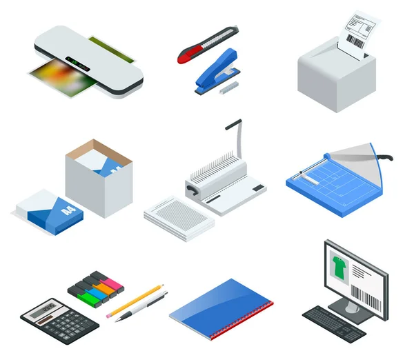 Isometrische set van office tools. Vector iconen illustratie nietmachine, laminator, bindmiddel, office mes, multifunctionele bureauprinter, office cutter — Stockvector