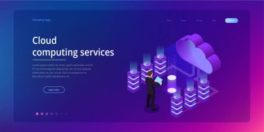 Web sayfası tasarım şablonları kavramı Cloud Computing. İzometrik bulut hizmetleri. Internet teknolojisi. Çevrimiçi hizmetler. Veri, bilgi güvenliği. Vektör çizim