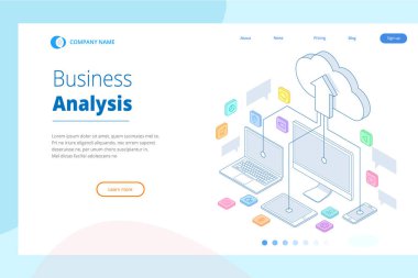 Web sayfası tasarım şablonları kavramı Cloud Computing. İzometrik bulut hizmetleri. Internet teknolojisi. Çevrimiçi hizmetler. Veri, bilgi güvenliği. Vektör çizim.