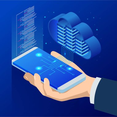 İzometrik Cloud Computing kavramı. İzometrik bulut hizmetleri. Mobil uygulama Internet teknolojisi. Çevrimiçi hizmetler. Veri, bilgi güvenliği. Vektör çizim.