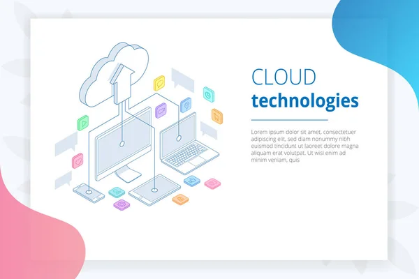 Webseiten-Design-Vorlagen Cloud-Computing-Konzept. isometrische Cloud-Dienste. Internet-Technologie. Online-Dienste. Daten, Informationssicherheit. Vektorillustration. — Stockvektor