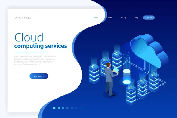 Modelli di progettazione pagine Web Concetto di Cloud Computing. Servizi cloud isometrici. Tecnologia Internet. Servizi online. Dati, sicurezza delle informazioni. Illustrazione vettoriale . — Vettoriale Stock