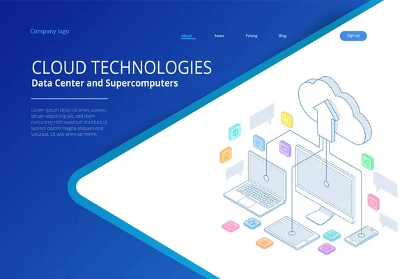 Modèles de conception de page Web Cloud Computing concept. Services cloud isométriques. Technologie Internet. Services en ligne. Données, sécurité de l'information. Illustration vectorielle . — Image vectorielle