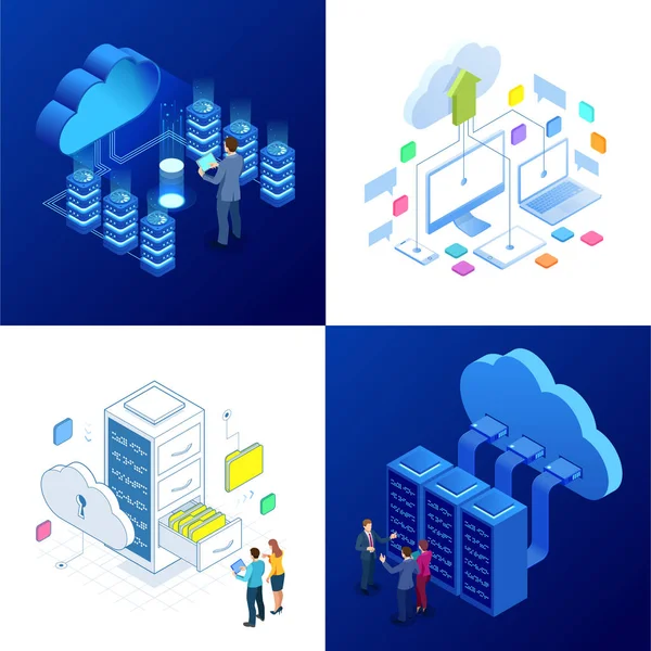 Conjunto de plantillas de diseño concepto de Cloud Computing. Servicios de nube isométrica. Tecnología de Internet. Servicios en línea. Datos, seguridad de la información. Ilustración vectorial . — Vector de stock