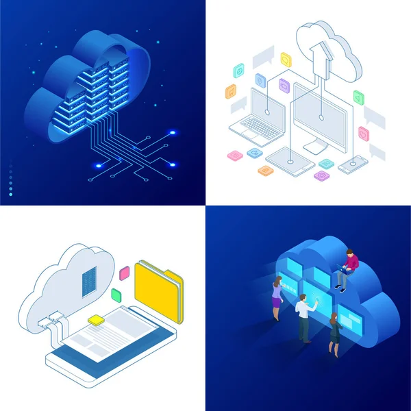 Задать шаблоны дизайна Cloud Computing concept. Изометрические облачные службы. Интернет-технологии. Онлайн сервисы. Данные, информационная безопасность. Векторная иллюстрация . — стоковый вектор