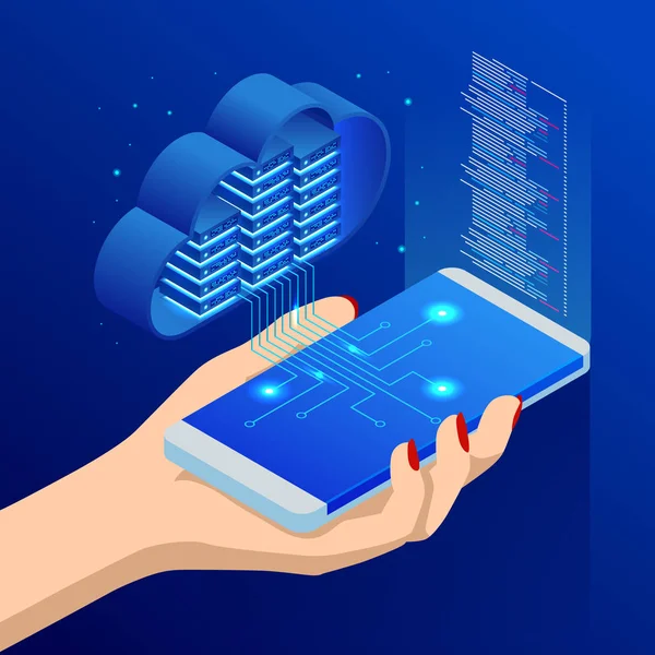 Concepto de computación en nube isométrica. Servicios de nube isométrica. Aplicación móvil. Tecnología de Internet. Servicios en línea. Datos, seguridad de la información. Ilustración vectorial . — Archivo Imágenes Vectoriales