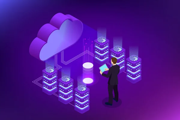 Izometrikus Cloud Computing koncepció. Izometrikus felhő szolgáltatások. Internet technológia. Online szolgáltatások. Adatok, informatikai biztonság. Vektoros illusztráció. — Stock Vector