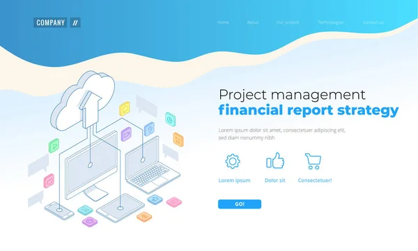 Cloud Computing koncepcji strony internetowej projektu szablony. Usługi w chmurze izometryczny. Technologii internetowych. Usługi online. Danych, bezpieczeństwo informacji. Ilustracja wektorowa. — Wektor stockowy