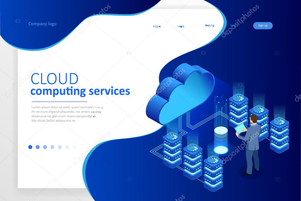 Web page design templates Cloud Computing concept. Isometric cloud services. Internet technology. Online services. Data, information security. Vector illustration.