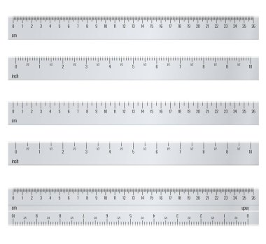 Inch and metric rulers. Centimeters and inches measuring scale cm metrics indicator. Ruler 10 inch and grid 26 cm. Size indicator units. Metric Centimeter size indicators. clipart