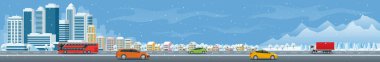 Kentsel gökdelenler ve araba ile yol düz panorama manzarası. Kar, kış city kavramı altında şehir. Vektör çizim