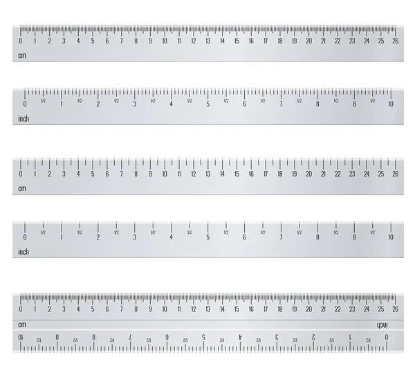 Tum och metrisk härskare. Centimeter och inches mäta skala cm mått indikator. 10 tums och rutnät 26 cm. storlek indikator Linjalenheter. Metriska Centimeter storlek indikatorer. — Stock vektor